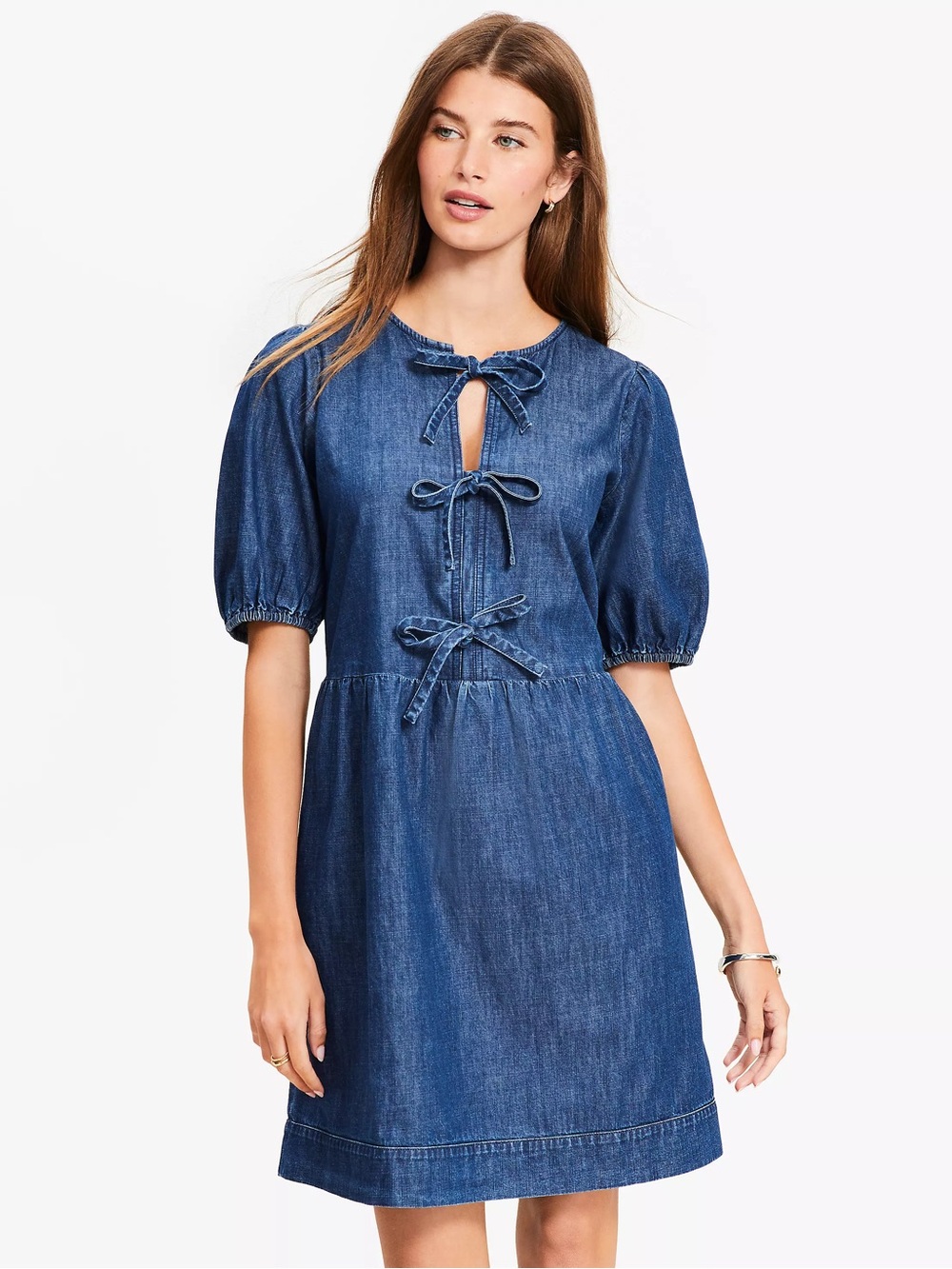 LOFT Denim Blue Mini Dress with Tie Front